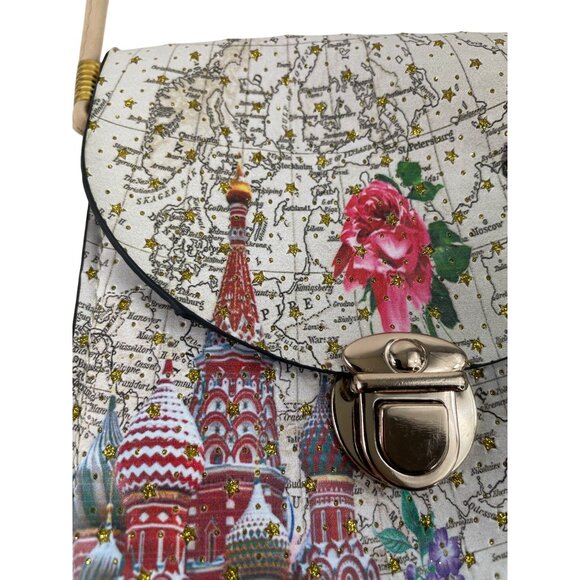 Paris & Moscow Map Print Crossbody Bag With Eiffel Tower & St. Basil's Cathedral - Picture 5 of 11